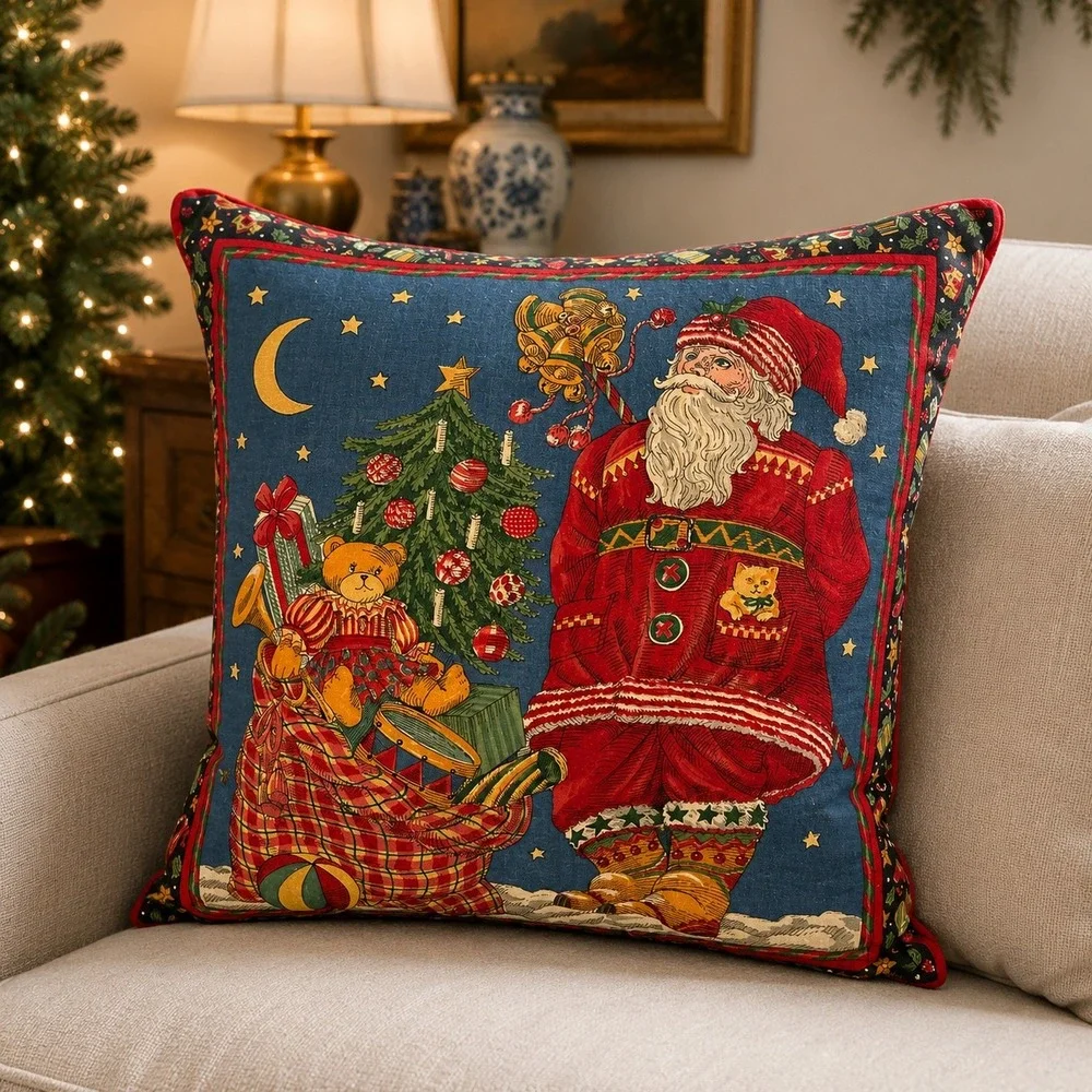 Vintage Christmas Santa Throw Pillow Teddy Bear Tree Toys Holiday Decor
